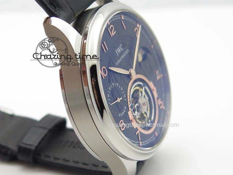 MIROTIME 0428 Portuguese Tourbillon Power Reserve Moonphase SS Black Dial Gold Numbers On Black Leather Strap RelaxedFit 7320